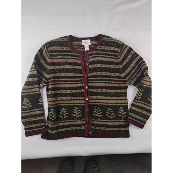 Christopher & Banks Cardigan Sweater Striped Tree Print Brown Red Olive - Picture 1 of 2